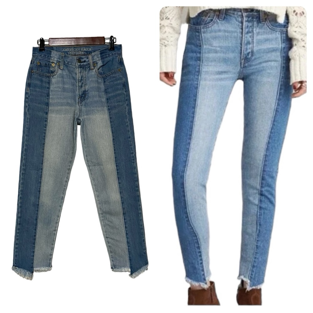 American Eagle Jeans Womens 4 Blue Two Tone Color Block Vintage Hi-Rise Jeans